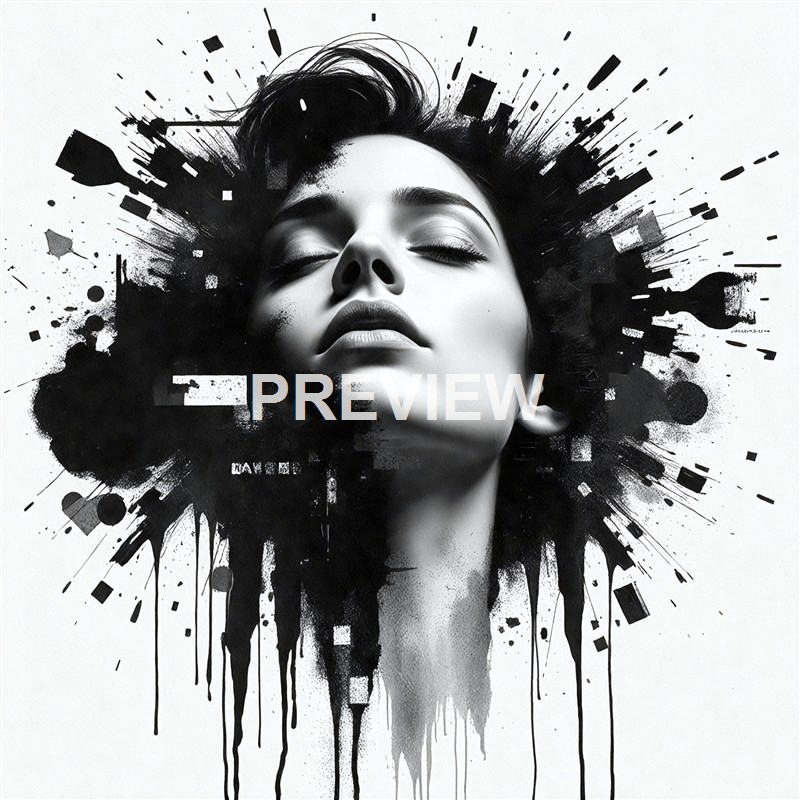 A monochrome digital artwork of a woman's face with her eyes closed, surrounded by abstract black ink splashes and geometric shapes radiating outward.